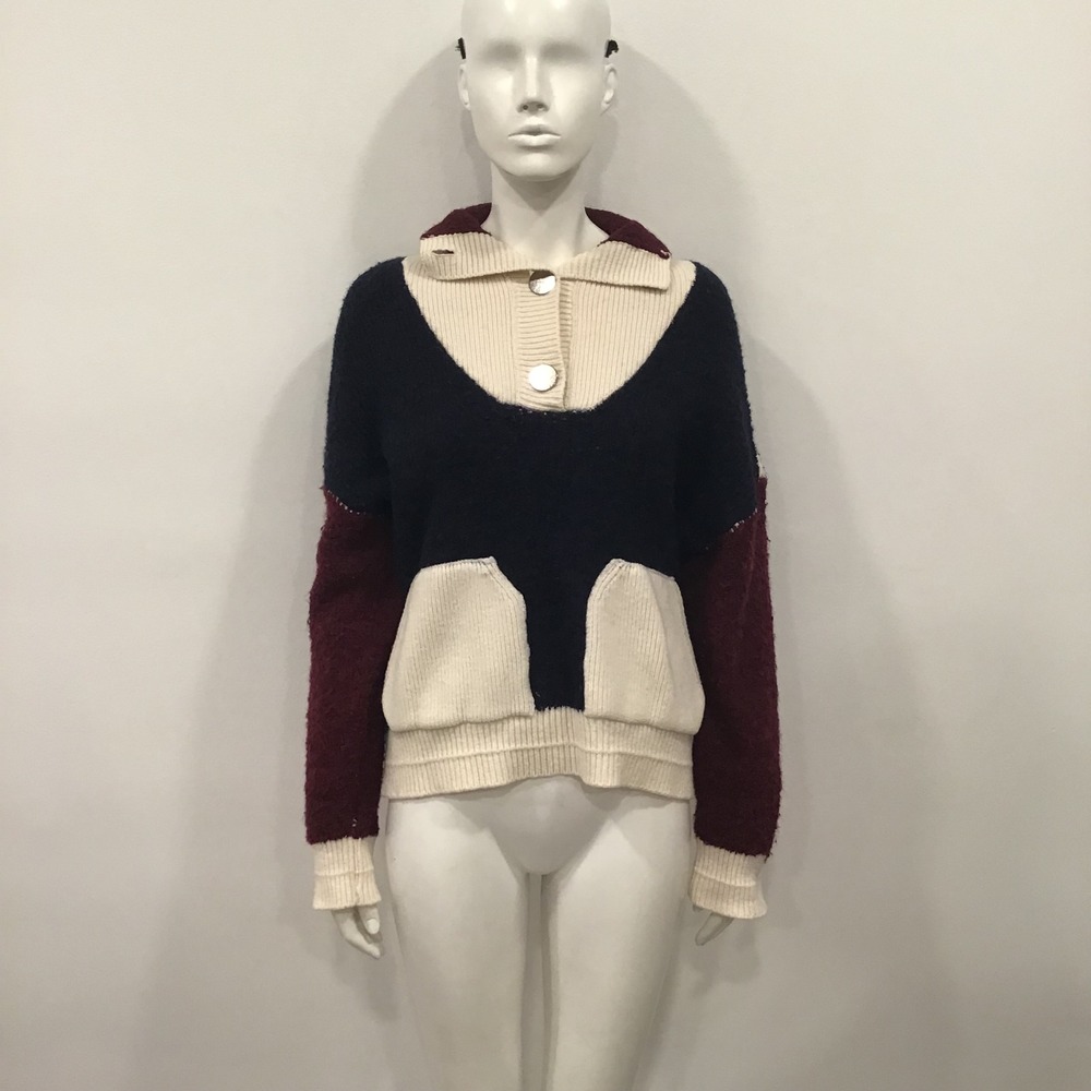 ba&sh Colorblock Lady Cadigan Benji Sweater Womens 1 Navy Burgundy US Small wool